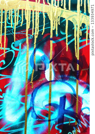 Graffiti Street Art with Blue, Red, Gold Drips for Urban Y2K Vibe Graffiti Street Art with Blue, Red, Gold Drips for Urban Y2K Vibe 133934971