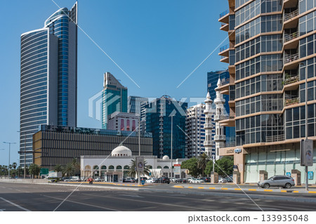 UAE, United Arab Emirates, Abu Dhabi downtown financial center skyline. UAE, United Arab Emirates, Abu Dhabi downtown financial center skyline. 133935048