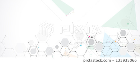 Futuristic molecule science background with hexagons, DNA strands, connected neural web Futuristic molecule science background with hexagons, DNA strands, connected neural web 133935066
