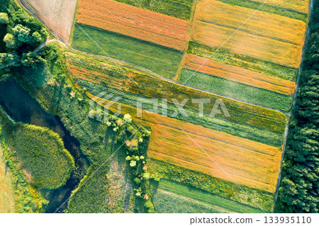 Beautiful summer landscape. View from above of the countryside. Stream and farmlands near a pine forest Beautiful summer landscape. View from above of the countryside. Stream and farmlands near a pine forest 133935110