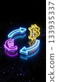 Neon glowing euro and bitcoin symbols connected by blue curved arrows on a futuristic circuit board background, representing cryptocurrency and digital currency exchange. 133935337