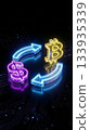 Neon glowing dollar and bitcoin symbols connected by curved arrows on a dark circuit board background, symbolizing cryptocurrency exchange and digital finance. 133935339