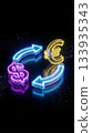 Bright neon dollar and yellow euro symbols connected by blue curved arrows on a digital circuit board background, representing currency exchange and international finance. 133935343