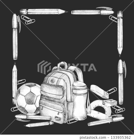 square frame with school accessories, backpack, soccer, football, pencil, pen, eraser, paper clip, bottle, hand drawn pencil sketch on black of children education theme, back to school illustration square frame with school accessories, backpack, soccer, football, pencil, pen, eraser, paper clip, bottle, hand drawn pencil sketch on black of children education theme, back to school illustration 133935362