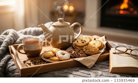Cozy afternoon tea with cookies and a book by the fireplace invites relaxation Cozy afternoon tea with cookies and a book by the fireplace invites relaxation 133935469