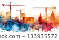 色彩鮮豔的水彩建築和施工起重機圖像插圖 133935572