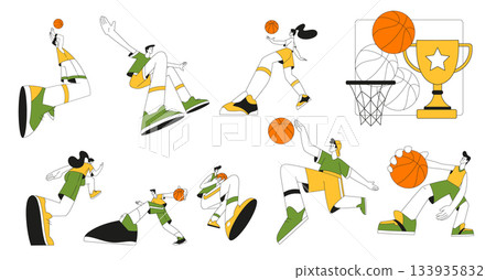 Sport with Man and Woman Character Play Basketball Vector Illustration Set Sport with Man and Woman Character Play Basketball Vector Illustration Set 133935832