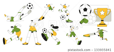 Sport with Man and Woman Character Play Football Vector Illustration Set Sport with Man and Woman Character Play Football Vector Illustration Set 133935841