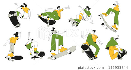 Sport with Man and Woman Character Ride Skateboard Vector Illustration Set 133935844