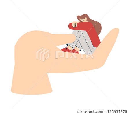 Sad Woman Character Sitting on the Hand Palm Feel Unhappy Vector Illustration 133935876