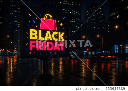 Bright neon sign announces Black Friday sales with discounts of up to 50 percent on a rainy city street at night 133935889