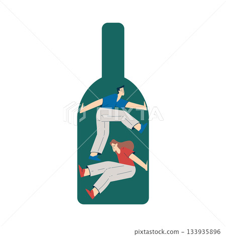 Man and Woman with Alcoholism Addiction Inside Bottle as Social Problem Vector Illustration 133935896