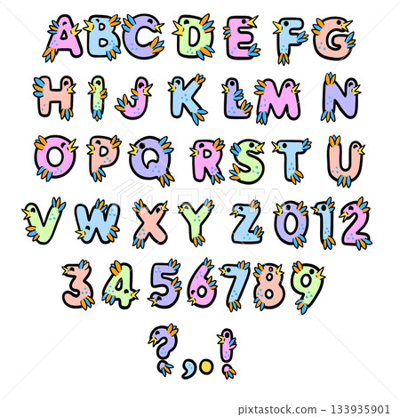 Funny cartoon bird typography font lettering ABC cartoon vector text Funny cartoon bird typography font lettering ABC cartoon vector text 133935901