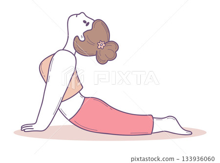 Cute Girl Doing Yoga. Stretching Back and Pulls Head Up. Color hand-drawn, doodle in pastel colors. Vector illustration. Female Character Fitness. Not AI Cute Girl Doing Yoga. Stretching Back and Pulls Head Up. Color hand-drawn, doodle in pastel colors. Vector illustration. Female Character Fitness. Not AI 133936060