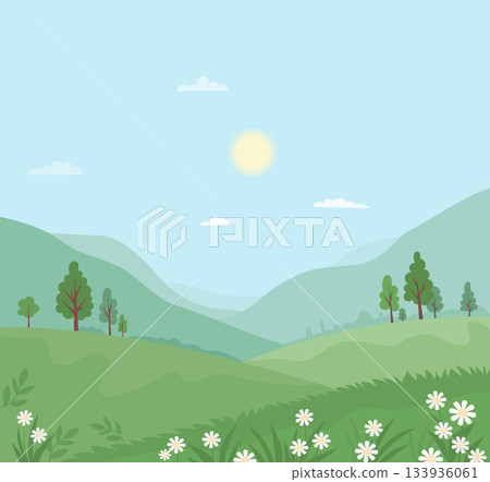 Summer landscape with Green Trees, Grass and Blossoming Wild White Flowers. Seasonal Nature poster. Minimal flat square background. Vector illustration. Not AI 133936061