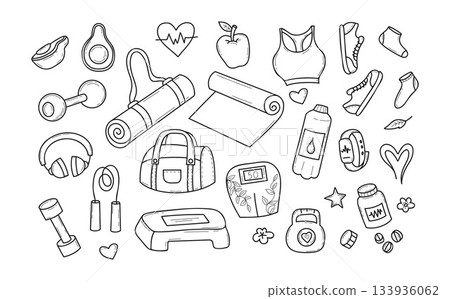 Fitness and Yoga elements set. Outline Hand drawn doodle. Equipment, healthy food, workout gear, and Pilates accessories. Isolated on white background. Vector illustration. Not AI 133936062