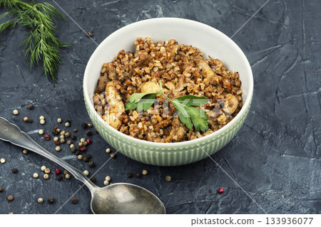 Traditional buckwheat porridge with chicken meat. 133936077