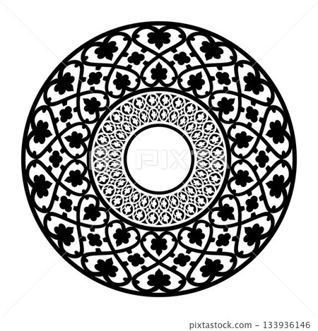 Ethnic decorative element. Ornate round border vintage style. Islam, Arabic, Indian, ottoman motifs. Template for laser cutting, engraving, ceramic, plate, wedding Invitation, Scrapbooking, plate.  133936146