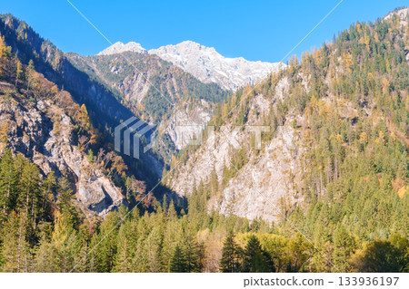 Scenery Jiuzhaigou national park in Sichuan, China. Beautiful of Arrow Bamboo Lake and snow mountain in Autumn season. Famous Landmark and Vacation near Chengdu, China. Asia travel concept Scenery Jiuzhaigou national park in Sichuan, China. Beautiful of Arrow Bamboo Lake and snow mountain in Autumn season. Famous Landmark and Vacation near Chengdu, China. Asia travel concept 133936197