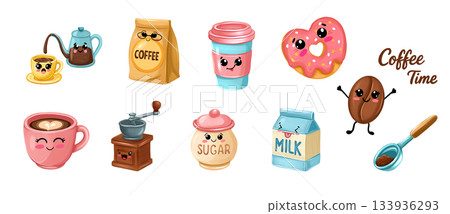 Cute cartoon illustrations for a coffee shop. Coffee characters with faces, a glass, a doughnut, a mug of coffee, a doughnut, coffee beans. 133936293