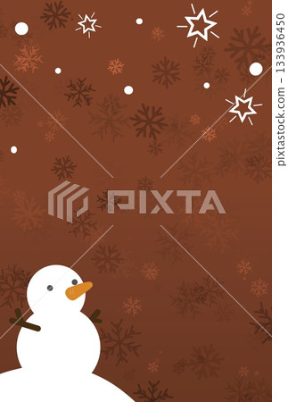 Vertical illustration of a brown background with a snowman, stars and snowflakes 133936450