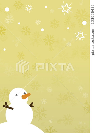 Vertical illustration with a pale yellow background and a snowman, stars and snowflakes 133936453