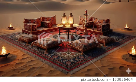 4K AI Generated Traditional Arabic Majlis in Desert Sunset 4K AI Generated Traditional Arabic Majlis in Desert Sunset 133936464