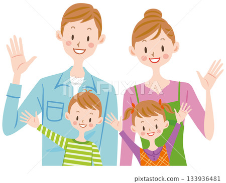 Illustration of a friendly family of four waving with a smile 133936481