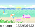 Summer seascape with tent on beach and sailboat on sky background pixel. 133936482