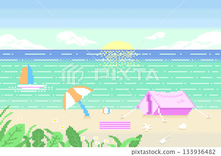 Summer seascape with tent on beach and sailboat on sky background pixel. Summer seascape with tent on beach and sailboat on sky background pixel. 133936482