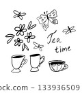Doodle whimsical illustration tea time. Tea pair, vintage cups, butterflies and flowers. 133936509