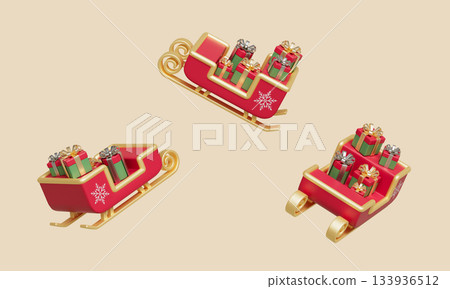 Christmas Santa Sleigh Filled with Gift Box. 3D Rendering. 133936512