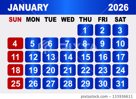 January 2026 Calendar Grid With Days And Dates vector illustration January 2026 Calendar Grid With Days And Dates vector illustration 133936611
