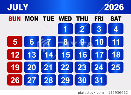 July 2026 Calendar Grid With Days And Dates vector illustration July 2026 Calendar Grid With Days And Dates vector illustration 133936612