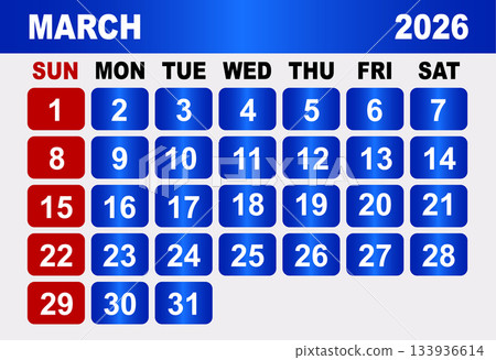 March 2026 Calendar Grid With Days And Dates vector illustration 133936614