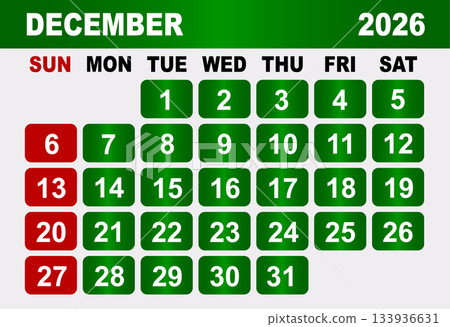 December 2026 Calendar Grid With Red Sundays And Green Weekdays month December 2026 Calendar Grid With Red Sundays And Green Weekdays month 133936631