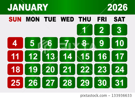 January 2026 Calendar Grid With Red Sundays and Green Weekdays vector illustration January 2026 Calendar Grid With Red Sundays and Green Weekdays vector illustration 133936633
