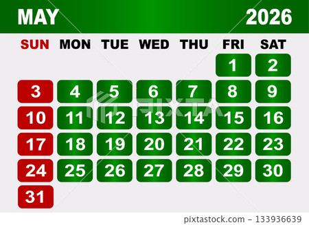 May 2026 Calendar Grid With Red Sundays And Green Weekdays planner May 2026 Calendar Grid With Red Sundays And Green Weekdays planner 133936639