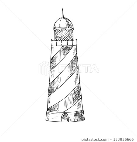 Vector vintage lighthouse. Hand painted linear Nautical symbol illustration. Graphic monochrome sketch isolated on background. For designers, prints, logo, icon, menu, postcards, holiday, covers 133936666