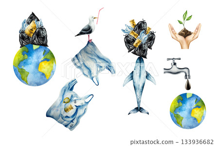 Planet earth and whale with Mountain of garbage. Watercolor hand drawn earth day globe, Bags filled with trash, rusty oil barrels illustration isolated on background. Agriculture, organic gardening Planet earth and whale with Mountain of garbage. Watercolor hand drawn earth day globe, Bags filled with trash, rusty oil barrels illustration isolated on background. Agriculture, organic gardening 133936682