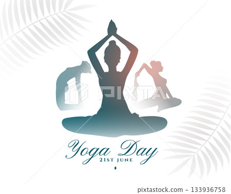 world yoga day poster woman in different yoga posture with leaves world yoga day poster woman in different yoga posture with leaves 133936758