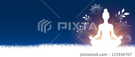 international yoga day. woman doing posture in grass with text space 133936767