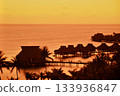 Sunset view of the water cottages on Bora Bora, Tahiti 133936847