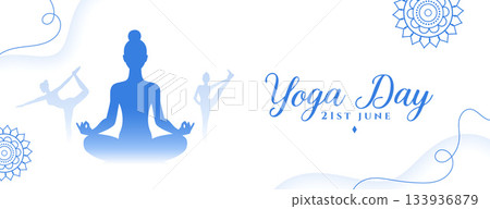 international yoga day white banner woman in different asana international yoga day white banner woman in different asana 133936879