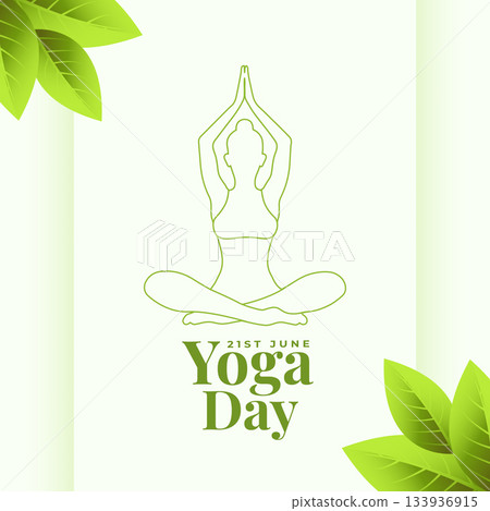line art yoga day eco poster, woman in yoga pose with green leaves line art yoga day eco poster, woman in yoga pose with green leaves 133936915