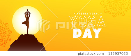 international yoga day morning banner woman doing surya namaskar on mountain international yoga day morning banner woman doing surya namaskar on mountain 133937053