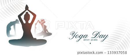 21st june yoga day white banner woman in different asana with leaves 133937058