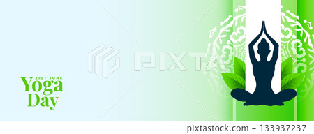 21st june world yoga day banner with green leaves 133937237