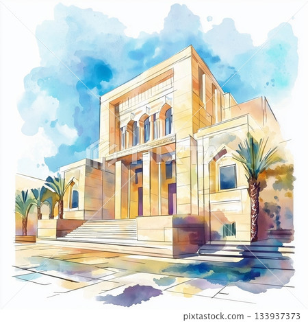 Alexandria Library. Alexandria Library hand drawn watercolor illustration on white background 133937373