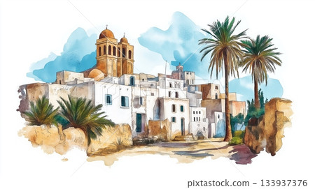 Ancient Carthage. Ancient Carthage hand drawn watercolor illustration on white background 133937376
